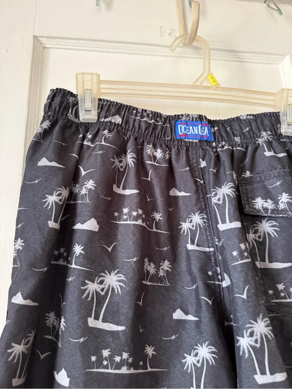 Ocean Gear Coastal Print Elastic Waist Shorts - Black with Gray Palm Pattern